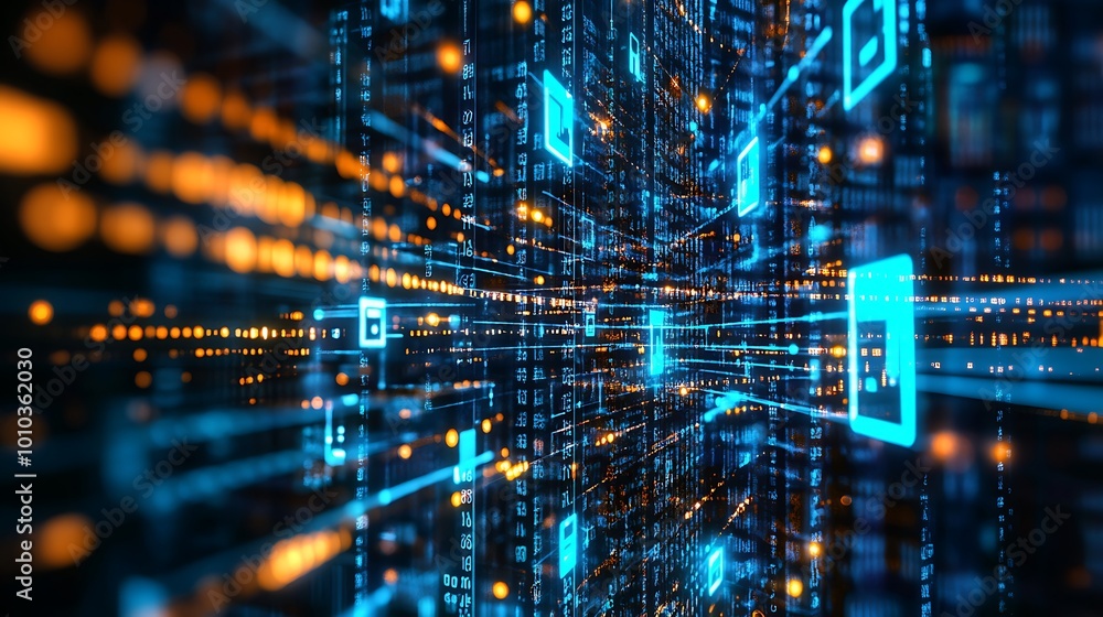 Obraz premium Abstract digital data stream with glowing icons and lines.