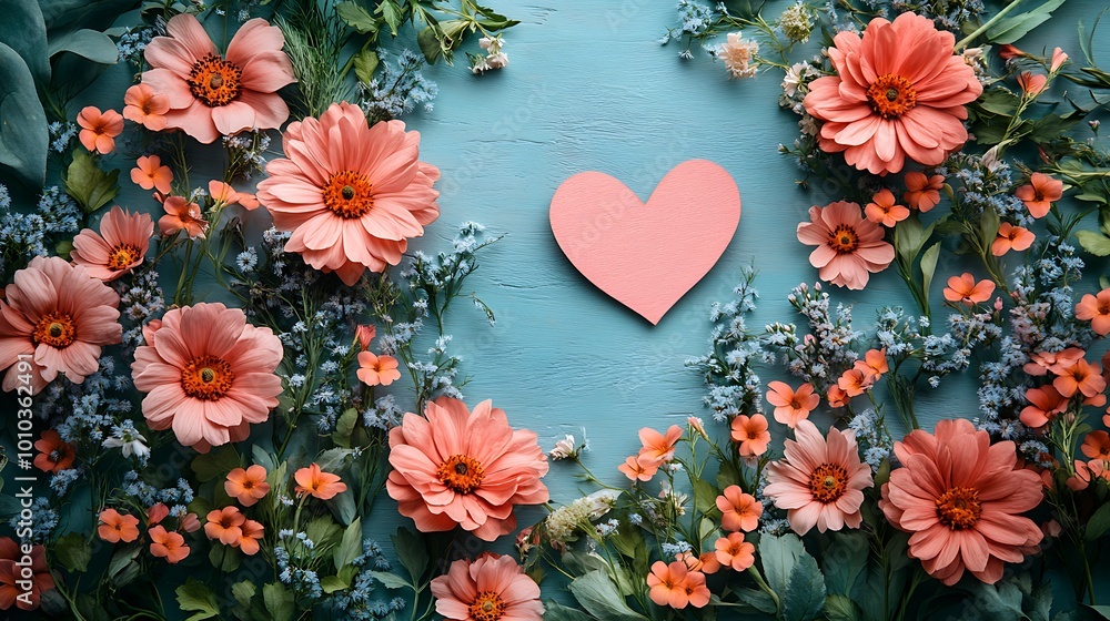 Pink heart surrounded by pink and blue flowers on a blue background. Pink heart surrounded by pink and blue flowers on a blue background.