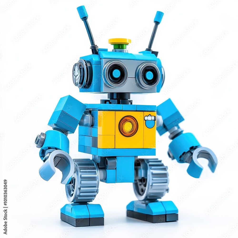 A colorful, blocky robot figure with antennas and expressive eyes, designed for play and creativity. A colorful, blocky robot figure with antennas and expressive eyes, designed for play and creativity.