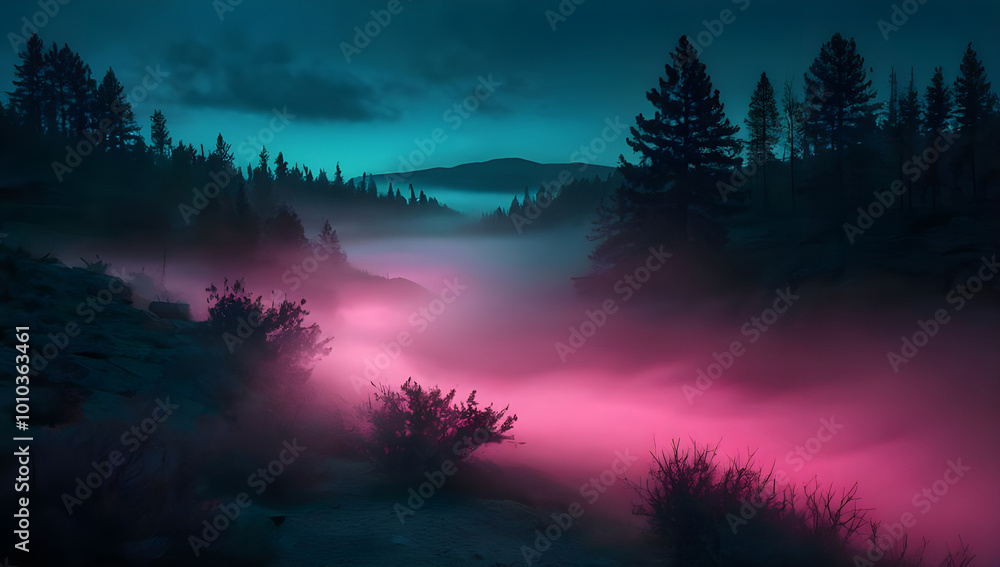 Ethereal landscape of misty woods and colorful dusk Ethereal landscape of misty woods and colorful dusk