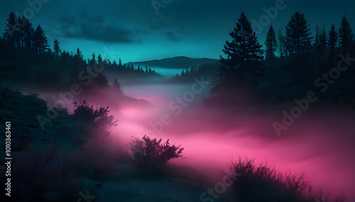 Ethereal landscape of misty woods and colorful dusk