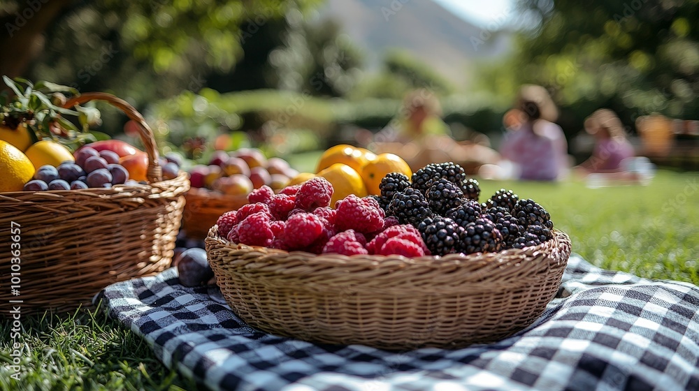 A picnic scene featuring baskets of fresh berries and fruits on a blanket in a sunny garden. A picnic scene featuring baskets of fresh berries and fruits on a blanket in a sunny garden.