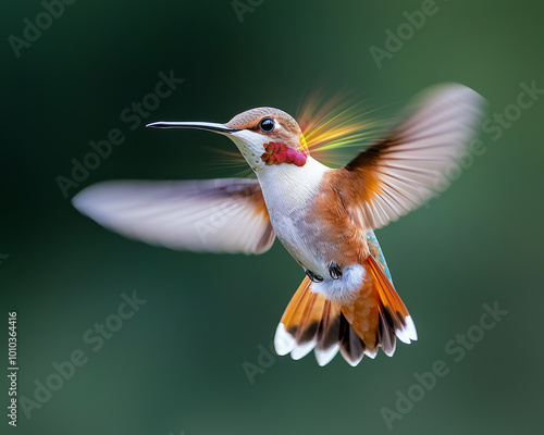 A close up of hummingbirds wings in motion, showcasing vibrant colors and intricate details. image captures beauty and grace of this small bird as it hovers in mid air, evoking sense of wonder and adm photo