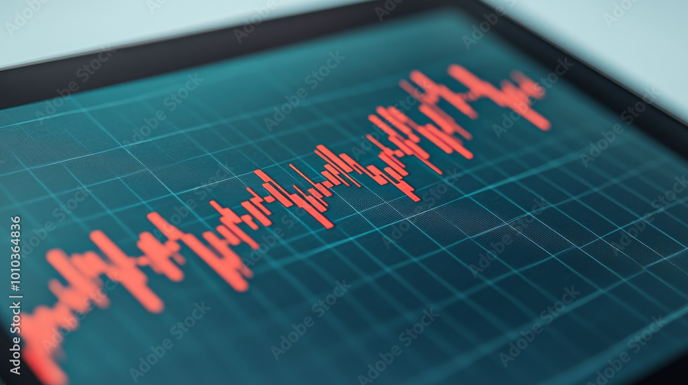 image shows close up of tablet screen displaying broken economic graph, symbolizing financial failure and instability. red lines indicate fluctuations in data, evoking sense of concern image shows close up of tablet screen displaying broken economic graph, symbolizing financial failure and instability. red lines indicate fluctuations in data, evoking sense of concern