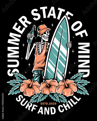 Tropical skull surfer with a hibiscus flower