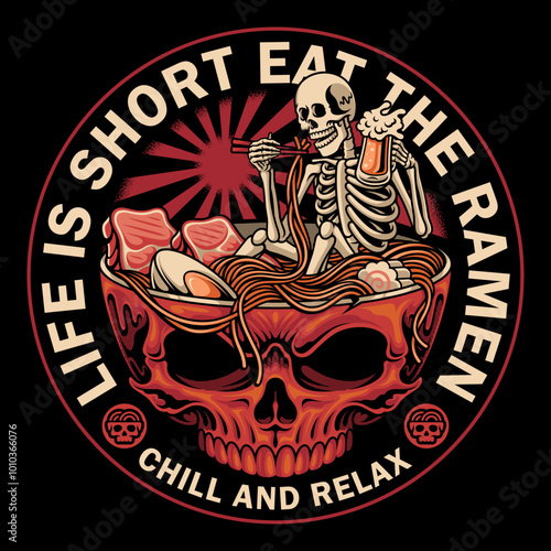 Vector illustration of a skull eating ramen noodles