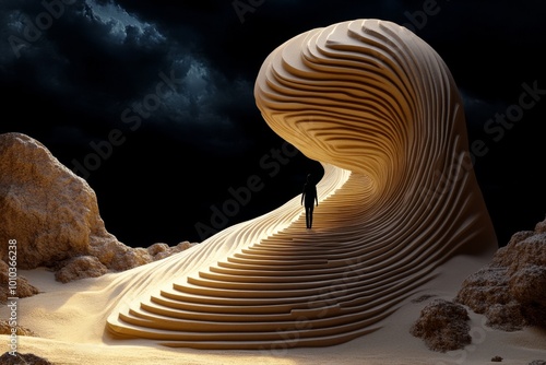 3D-rendered scene of a person walking up an endless staircase, fully animated, with each step leading to nowhere, symbolizing the absurd futility of existence photo