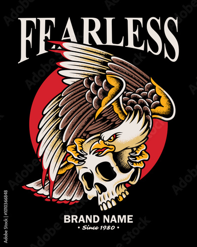 A vector graphic of an eagle gripping a skull, designed in an old school tattoo style photo