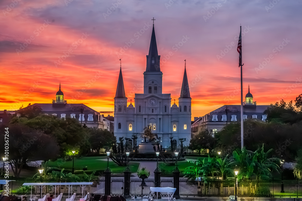 Obraz premium A sunset casts St. Louis Cathedral in a soft, warm light, St. Louis Cathedral, New Orleans, Louisiana