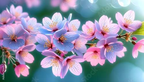 Vibrant cherry blossoms in full bloom against a bright springtime sky