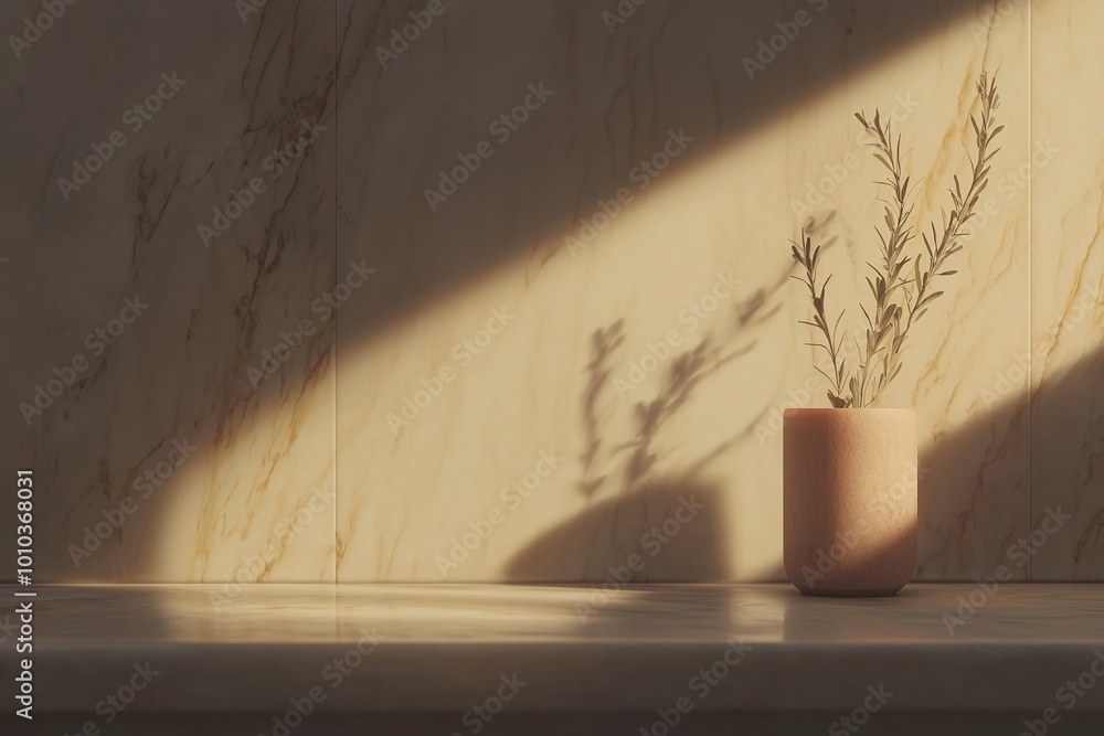 Minimalist plant on a marble countertop with a soft light. Minimalist plant on a marble countertop with a soft light.