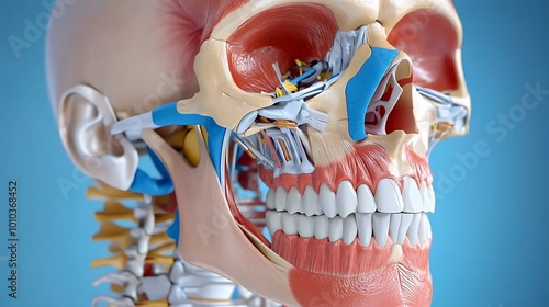 Human Skull Anatomy with Muscles and Teeth photo