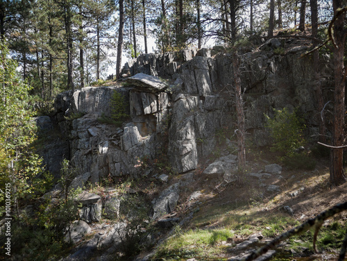 Rocky cliffs in the Black Hills National Forest near Rapic City South Dakota in summer photo