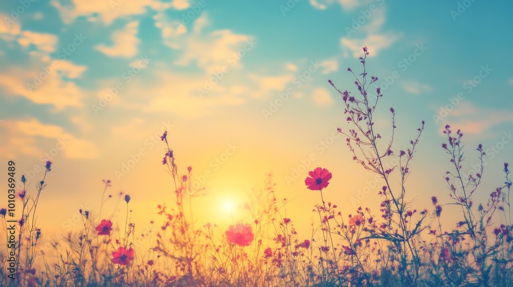 A field of pink wildflowers bathed in the warm glow of a sunset. A field of pink wildflowers bathed in the warm glow of a sunset.