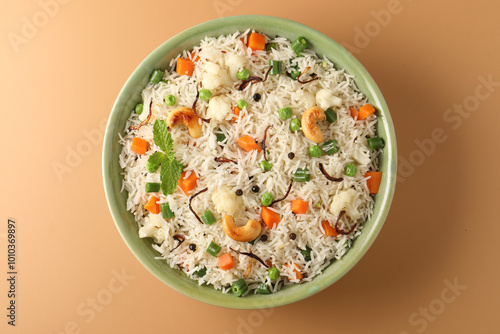 Indian veg biryani, veg pulav, Indian vegetable pulav, Biriyani, vegetable Biriyani served in a ceramic bowl