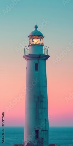 Gentle gradient backdrop from pink to teal, worm's-eye view of a lighthouse, clear sky for copy