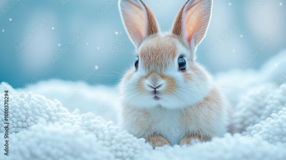 A cute rabbit resting on fluffy white material in a serene setting. A cute rabbit resting on fluffy white material in a serene setting.