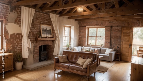 Cozy Rustic Living Room with Exposed Brick Walls Wooden Beams and Leather Sofa