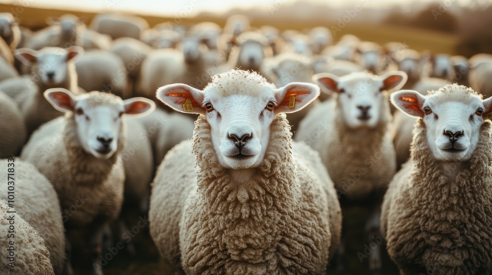 A flock of sheep stand in a field, looking at the camera. A flock of sheep stand in a field, looking at the camera.