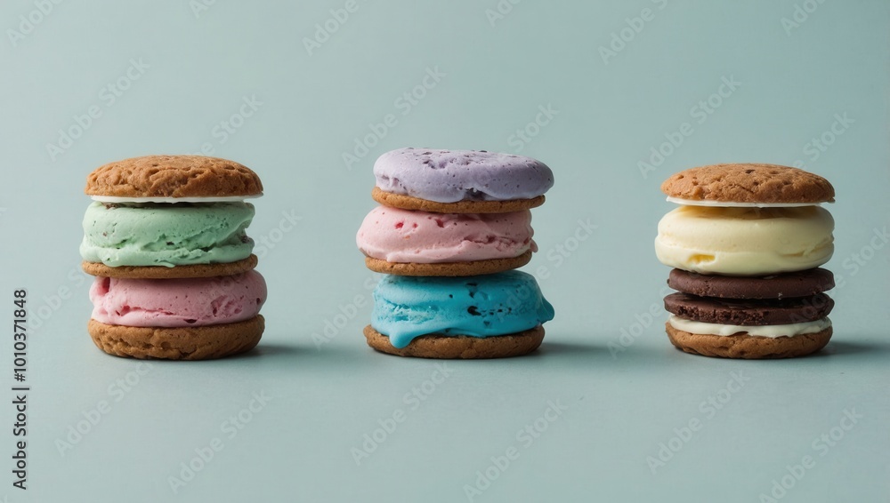 Three stacked sandwich cookies with light blue icing and ice cream filling Three stacked sandwich cookies with light blue icing and ice cream filling