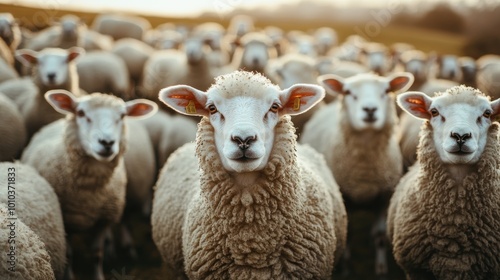 A flock of sheep stand in a field, looking at the camera.