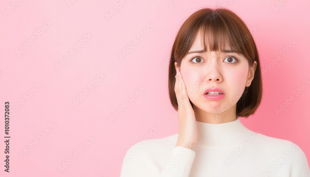 Young woman expressing concern with a worried expression, hand on her face, against a soft pink background. Young woman expressing concern with a worried expression, hand on her face, against a soft pink background.