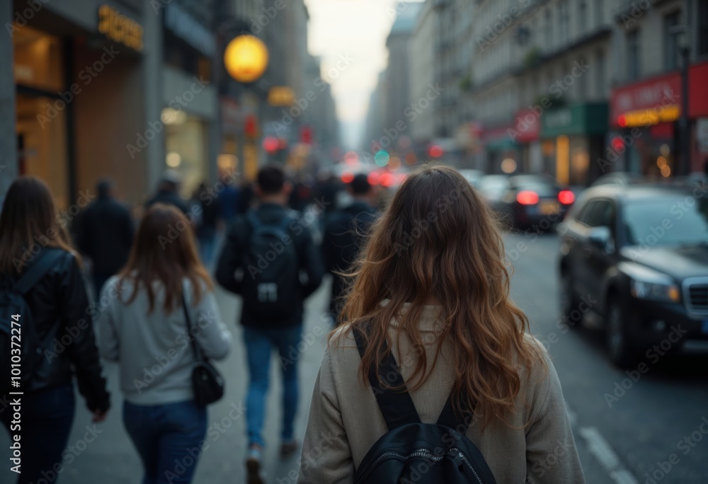 A group of people walks down a busy city street, viewed from behind A group of people walks down a busy city street, viewed from behind