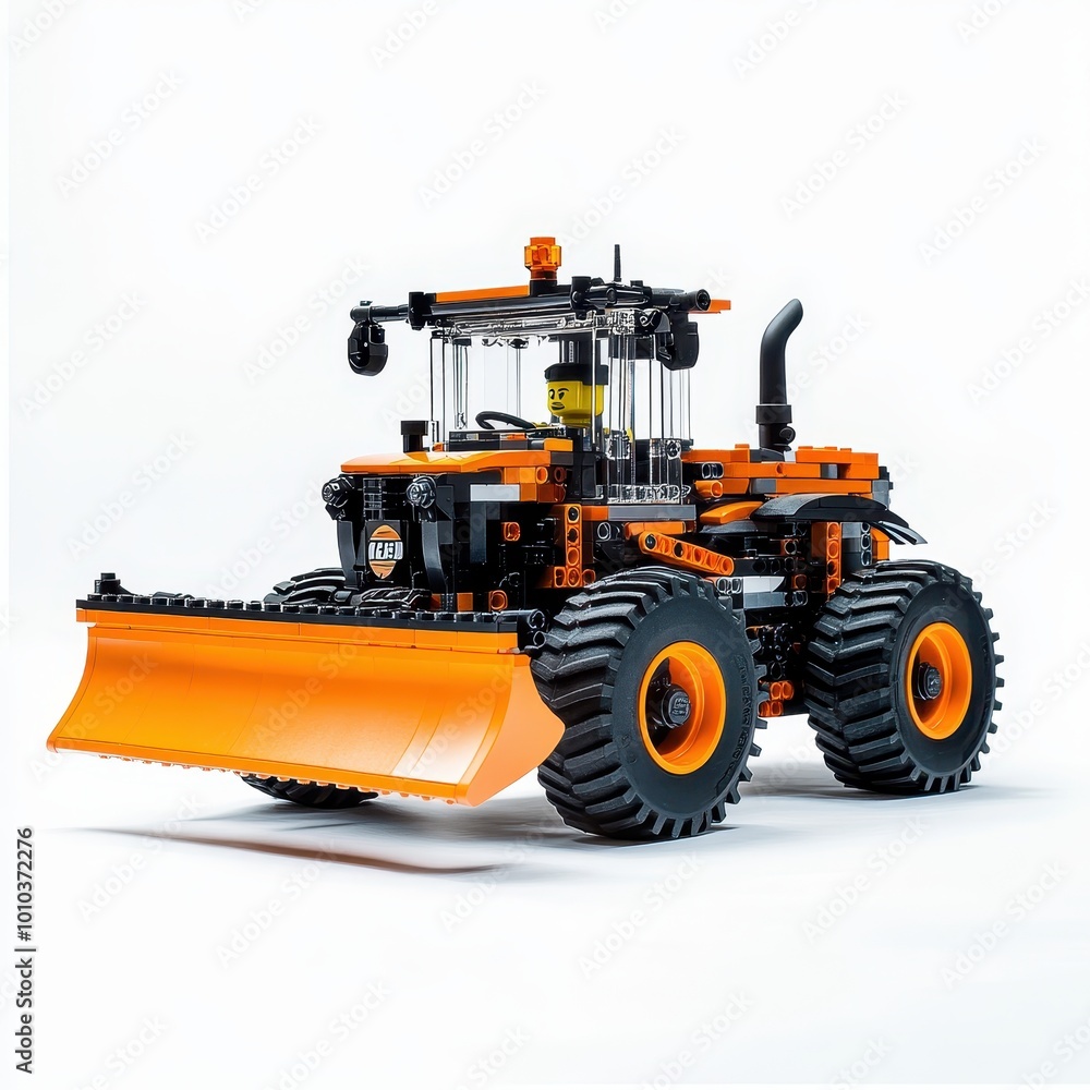 Obraz premium A detailed model of a construction vehicle with a plow, showcasing engineering and design.