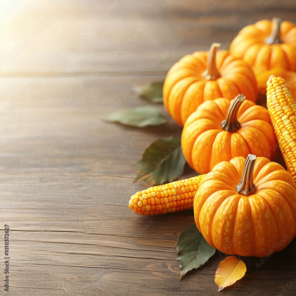 A cozy autumn display featuring vibrant orange pumpkins and corn, set against a wooden background, evoking seasonal warmth. A cozy autumn display featuring vibrant orange pumpkins and corn, set against a wooden background, evoking seasonal warmth.