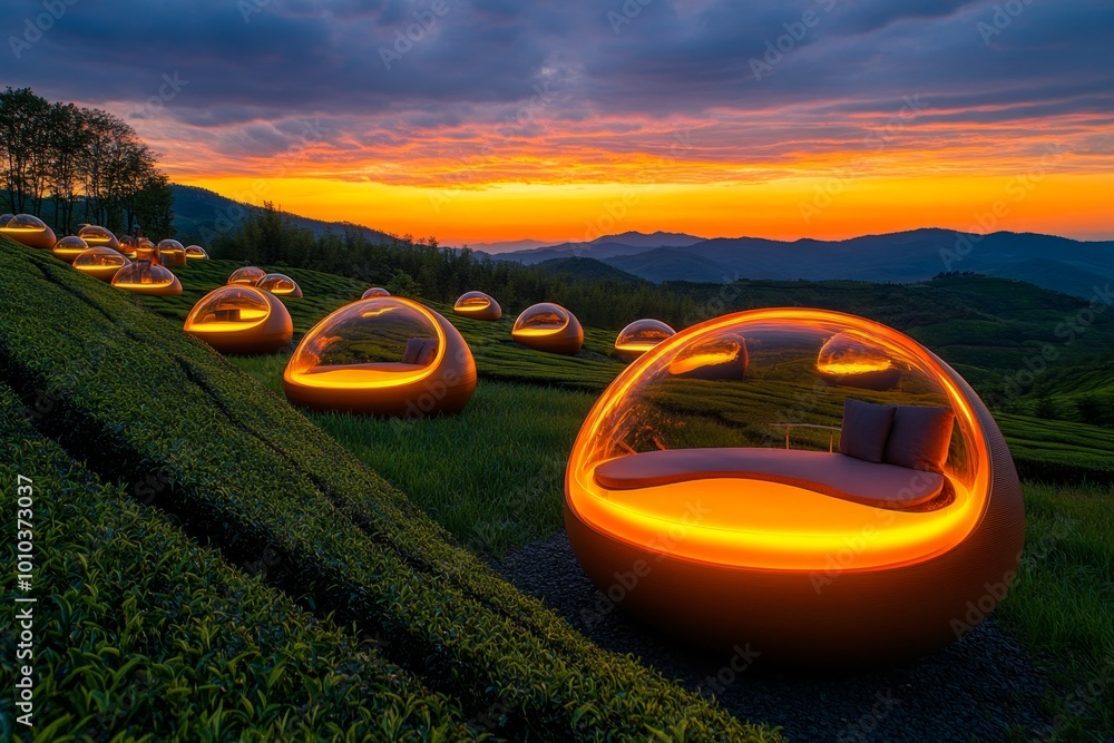 Obraz premium A high-tech tea estate with glowing, energy-efficient greenhouses, where technology ensures optimal growing conditions for the tea bushes in a sustainable future