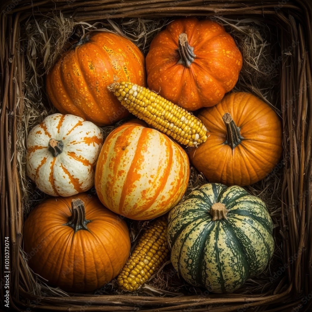 A cozy arrangement of vibrant pumpkins and corn, perfect for autumn decor and seasonal festivities, resting on a bed of straw. A cozy arrangement of vibrant pumpkins and corn, perfect for autumn decor and seasonal festivities, resting on a bed of straw.