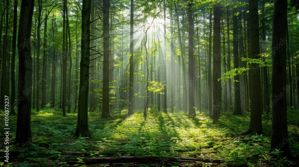 Obraz premium Sunlight Filtering Through a Dense Forest
