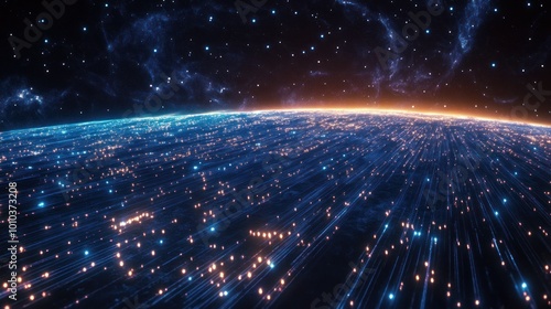 A Futuristic View of Earth with Glowing Lines and Stars