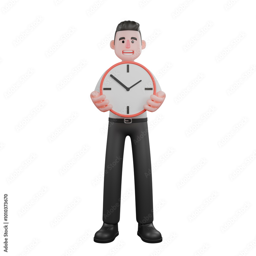 3D Male Businessman Cartoon. A male businessman is standing with both hands holding a large clock in front of his chest. Professional Strategy Character 3D Male Businessman Cartoon. A male businessman is standing with both hands holding a large clock in front of his chest. Professional Strategy Character