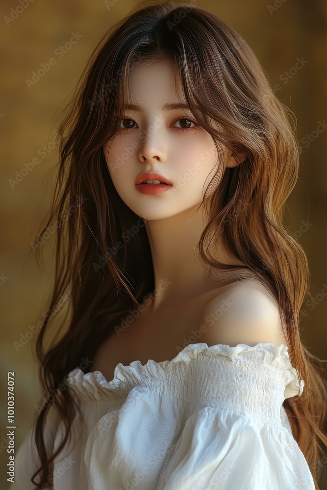 Φωτογραφία A stunning portrait captures a girl in a white offshoulder outfit, embodying Korean fashion with a radiant smile