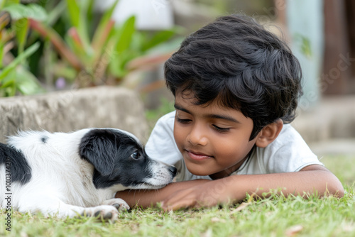Indian little boy playing with his pet dog on lawn grass outdoor