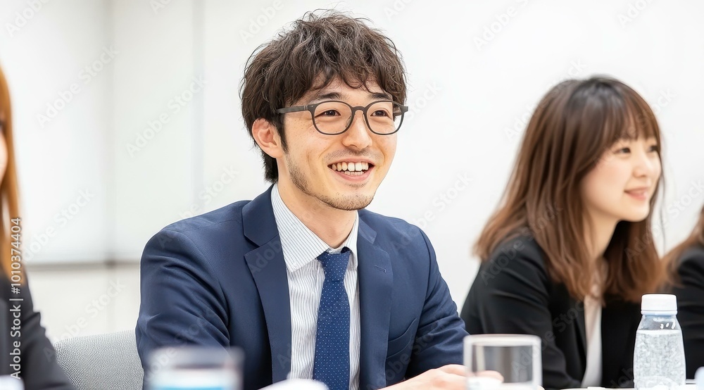 A young businessman shares a warm smile during an engaging interview with three women in a bright, professional office. A young businessman shares a warm smile during an engaging interview with three women in a bright, professional office.