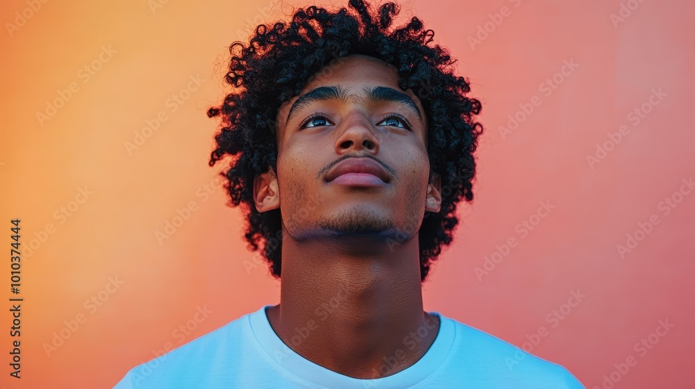 Obraz premium A vivid portrait depicting a thoughtful young man with curly hair and freckles, set against a clean backdrop.