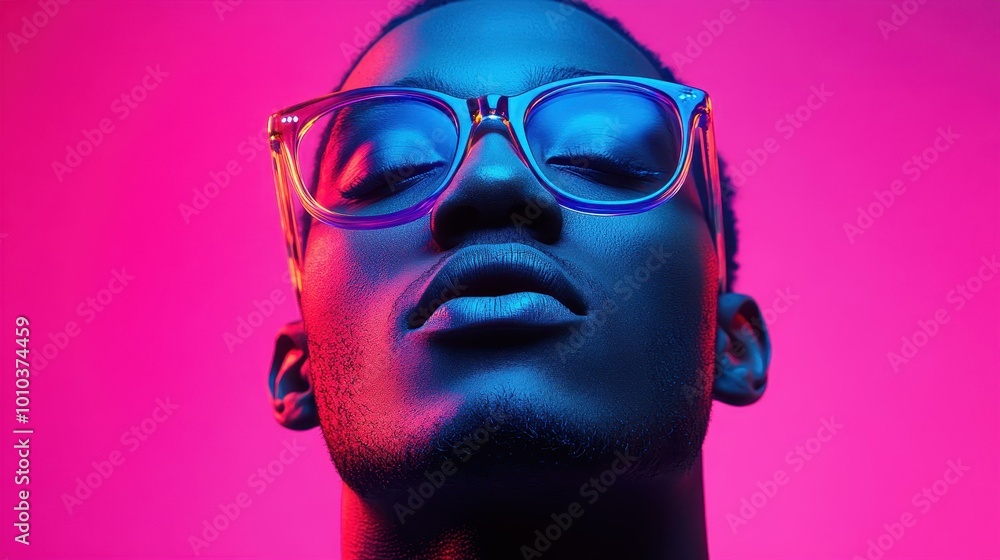 A vibrant neon portrait of a Black man in glasses, highlighting futuristic aesthetics and colorful lighting. A vibrant neon portrait of a Black man in glasses, highlighting futuristic aesthetics and colorful lighting.