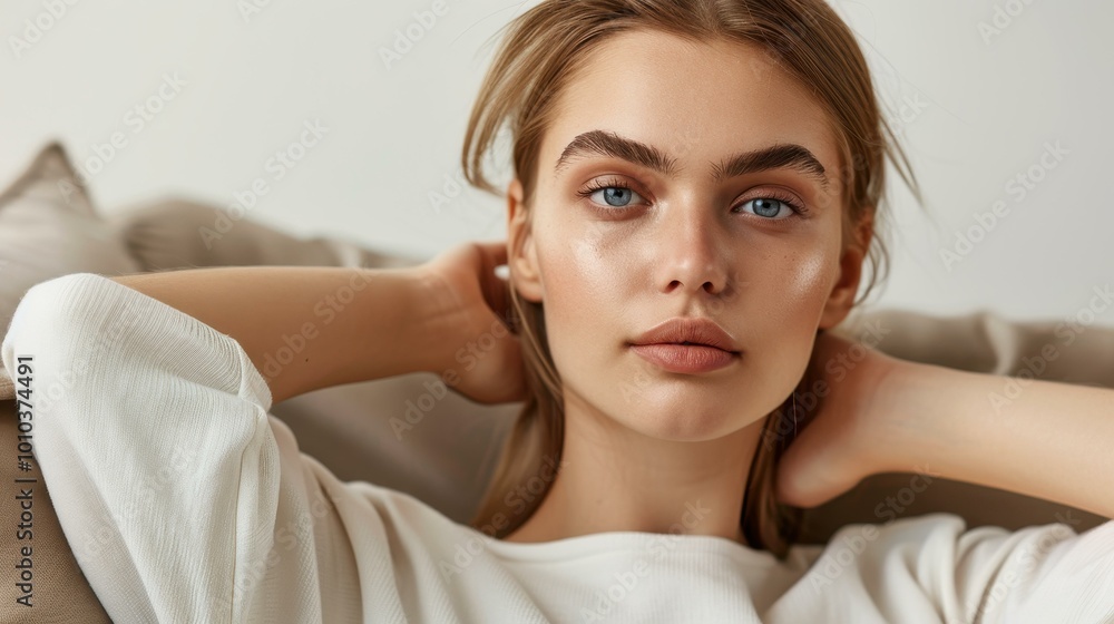 Young woman in a blank white crewneck sweatshirt sits on a couch, showcasing a modern living room setting. Young woman in a blank white crewneck sweatshirt sits on a couch, showcasing a modern living room setting.