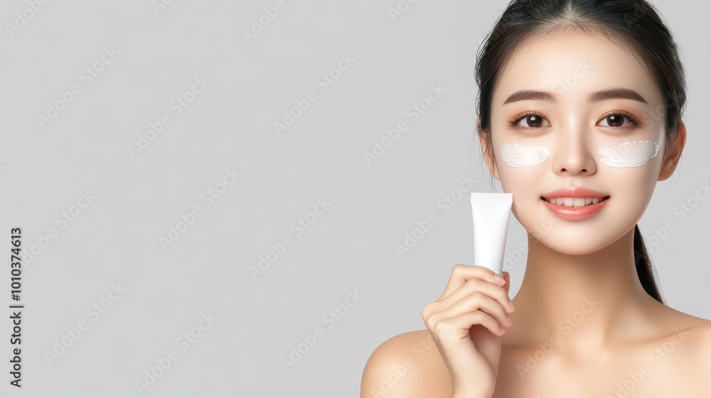 A stunning Korean model showcases radiant skin while applying cream, showcasing beauty and elegance in a chic photo shoot. A stunning Korean model showcases radiant skin while applying cream, showcasing beauty and elegance in a chic photo shoot.