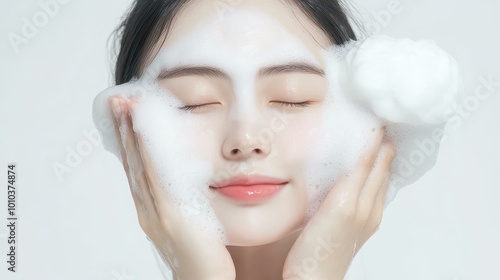 Stunning closeups of an Asian woman cleansing her face, showcasing flawless skin and magazineworthy beauty. photo