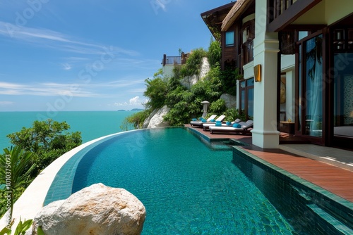 A luxury resort perched on a cliff overlooking the sea in Phuket  with infinity pools blending into the horizon and lush tropical gardens surrounding the property