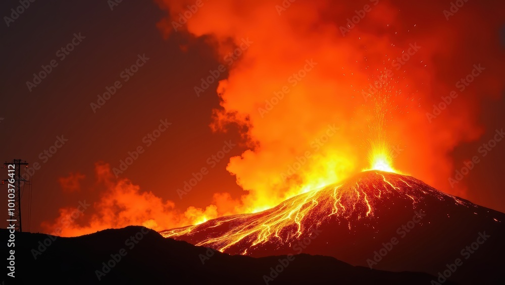 Fototapeta premium Erupting Volcano with Lava Flow and Smoke at Night