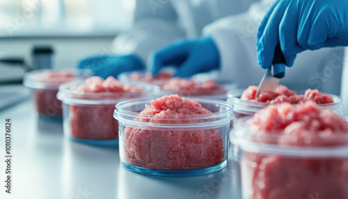 Synthetic meat production in biotechnology lab showcases innovative food technology. Researchers in lab coats prepare samples of synthetic meat in transparent containers, emphasizing future of photo