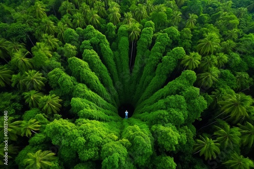 A person standing in a dense forest, but every tree is exactly the same, symbolizing the repetitive and unchanging nature of life under determinism photo