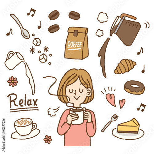 コーヒーを飲んでリラックスする女性のイラストとコーヒー関連のアイコンセット