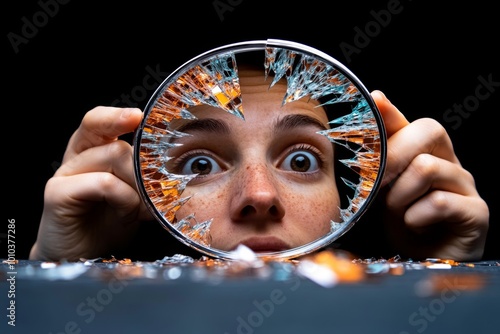 A person staring at their reflection in a shattered mirror, with the cracks symbolizing the deterministic forces that shape identity and self-perception photo