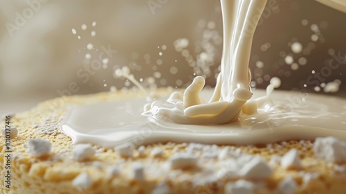 macro shot of big thick shaped milk smoothly pouring the surface of sponge cake biscuit, outstanding angled view, fresh blurred background, conveying elegance and modernity