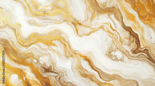 Abstract white and gold marbled background texture.